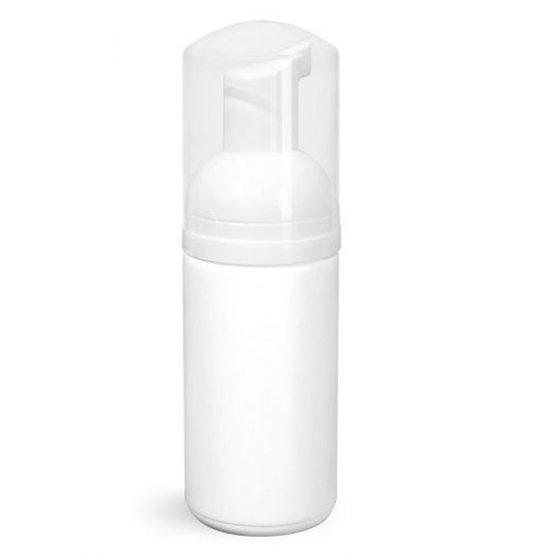 100 ml Plastic Bottles, White HDPE Cylinders w/ White Foamer Pumps & Overcaps