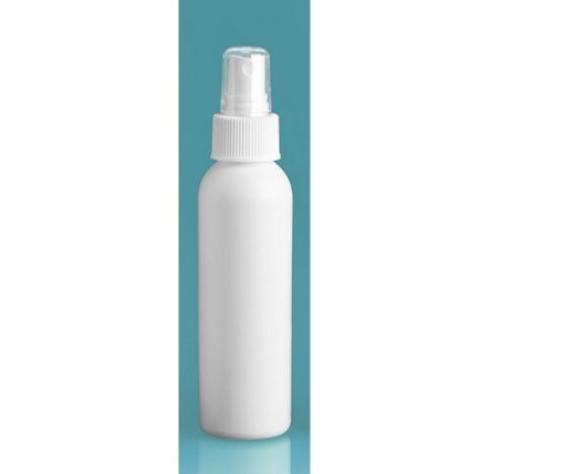 4 oz Plastic Bottles, White HDPE Cosmo Round Bottles w/ White Polypropylene Fine Mist Sprayers