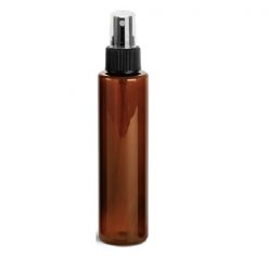 4 oz w/ Black Ribbed Plastic Bottles, Amber PET Slim Line Cylinders With Ribbed Sprayers
