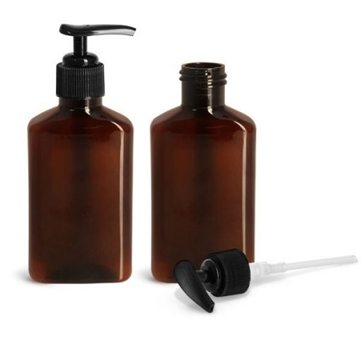 8 oz Plastic Bottles, 100 ml Amber PET Oblong Bottles w/ Black Lotion Pumps