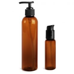 Plastic Bottles, Amber PET Cosmo Round Bottles With Black Lotion Pumps & Treatment Pumps 2 oz